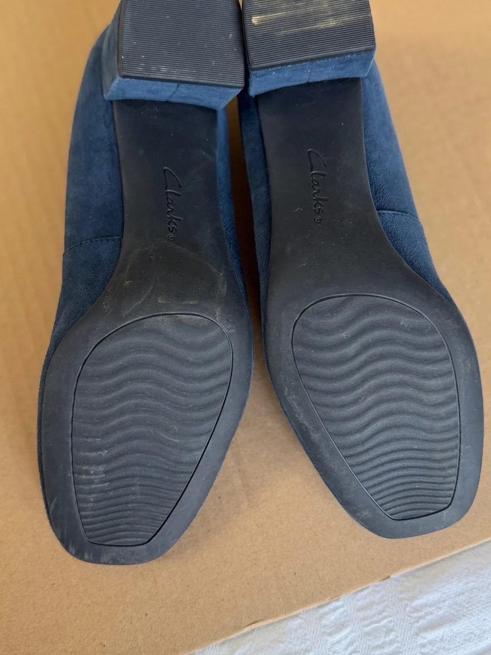 Clarks Navy Suede Low Block Heel Pumps with Buckle Accent